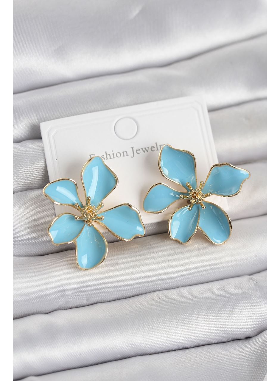 Mavi Mineli Çiçek Model Pirinç Kadın Küpe