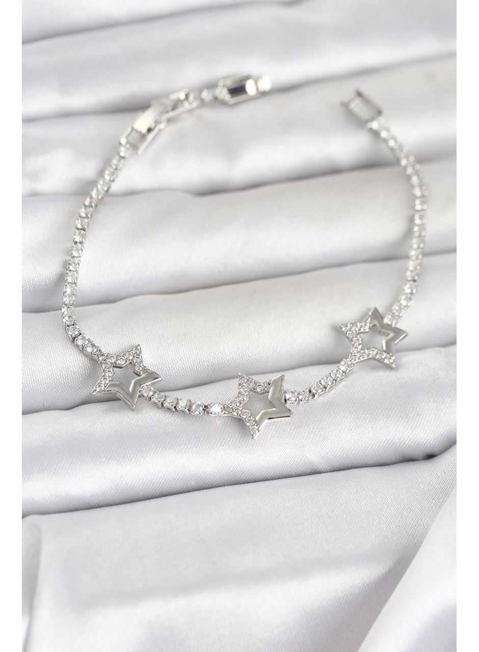 Pirinç Gümüş Renk Yıldız Model Zirkon Taşlı Su Yolu Kadın Bileklik