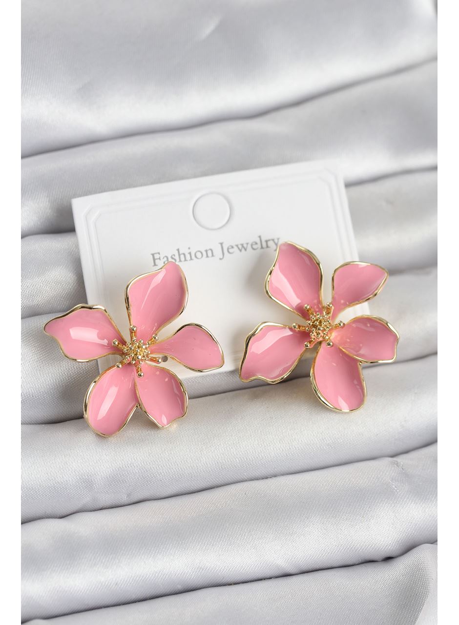 Pembe Mineli Çiçek Model Pirinç Kadın Küpe