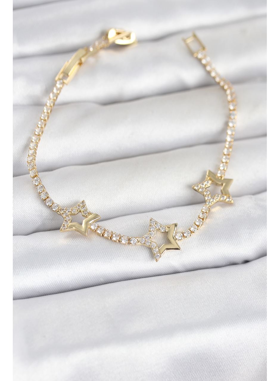 Pirinç Gold Renk Yıldız Model Zirkon Taşlı Su Yolu Kadın Bileklik