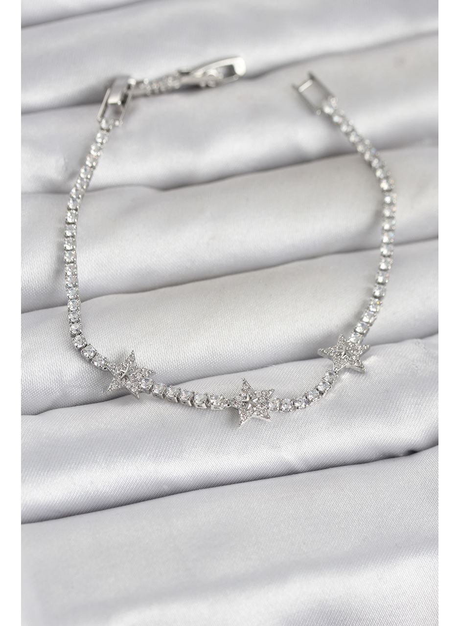 Pirinç Gümüş Renk Minimal Yıldız Model Zirkon Taşlı Su Yolu Kadın Bileklik