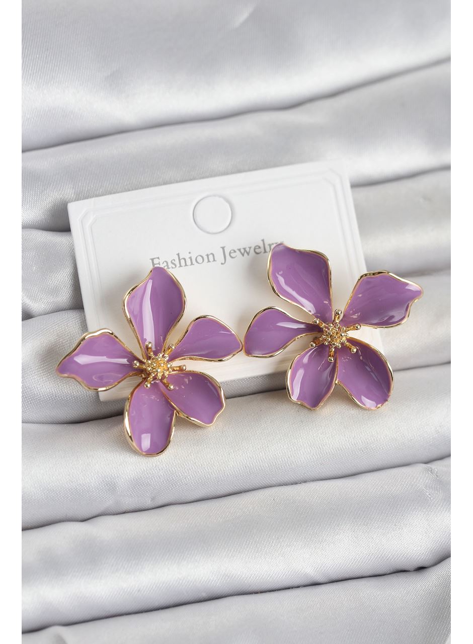 Mor Mineli Çiçek Model Pirinç Kadın Küpe