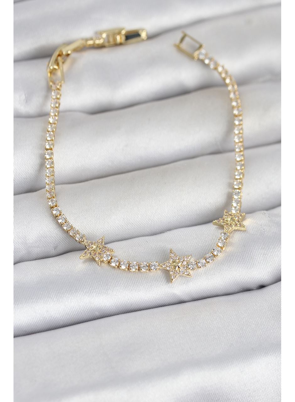 Pirinç Gold Renk Minimal Yıldız Model Zirkon Taşlı Su Yolu Kadın Bileklik