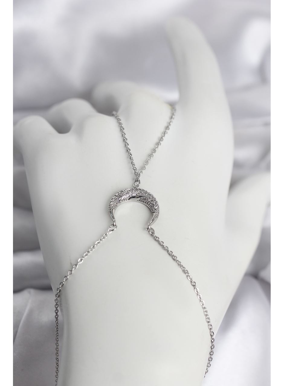 Pirinç Gümüş Renk Hilal Model Zirkon Taşlı Kadın Şahmeran