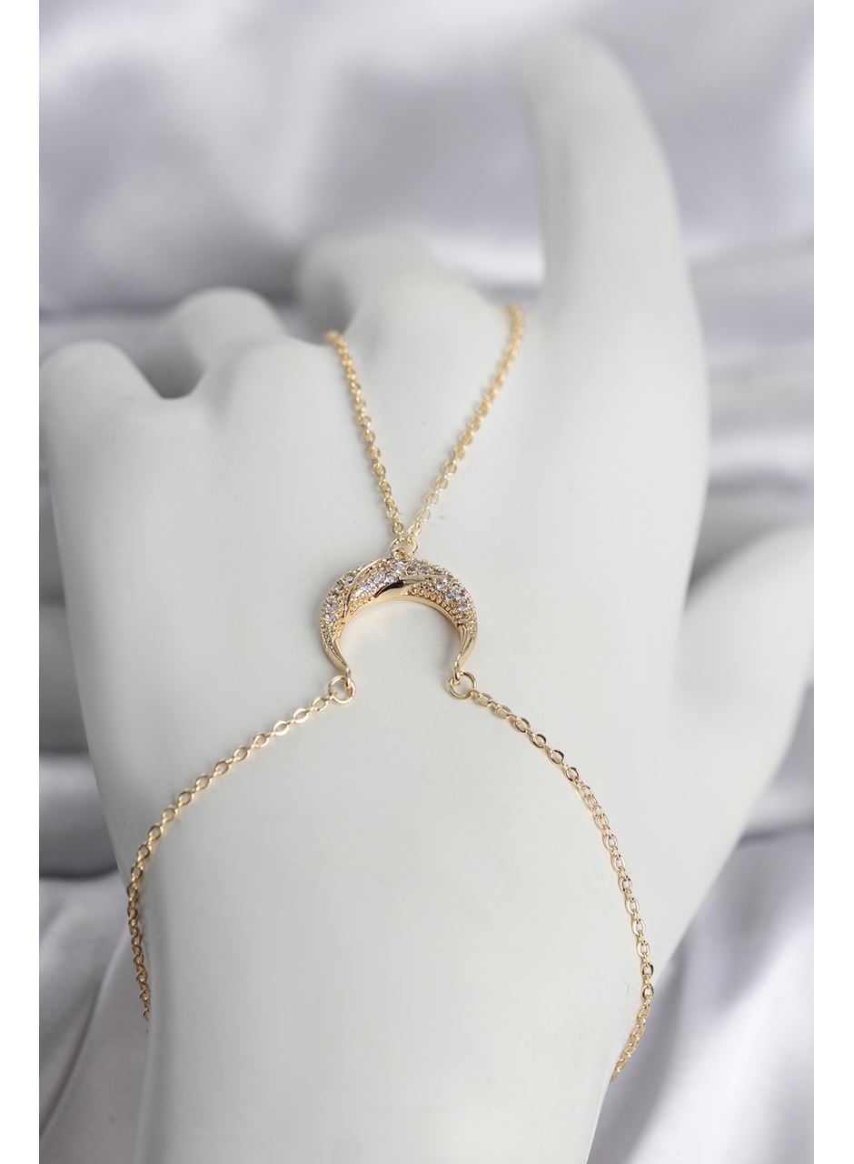 Pirinç Gold Renk Hilal Model Zirkon Taşlı Kadın Şahmeran