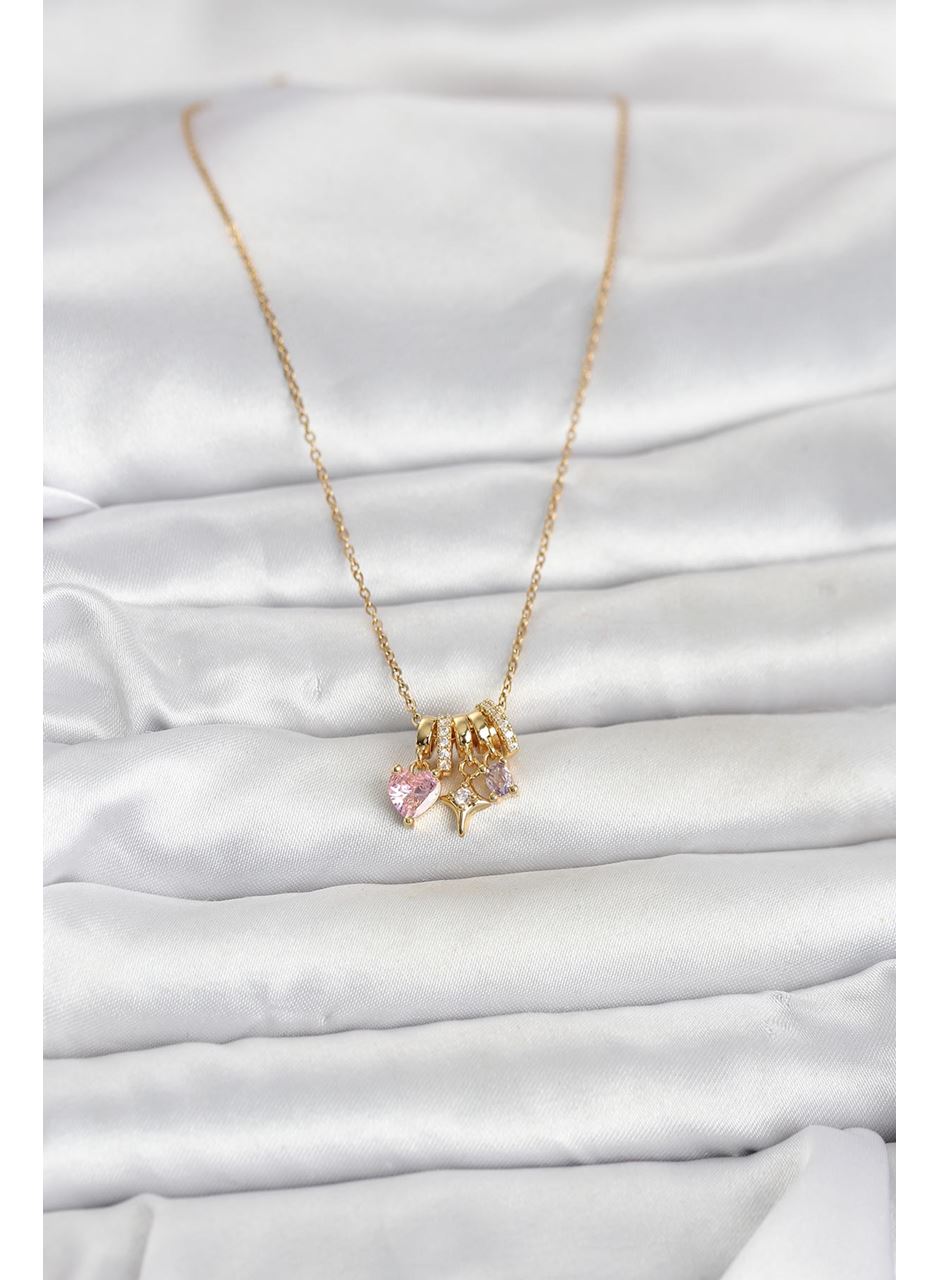 316L Çelik Gold Pembe Zirkon Taşlı Charmlı Kadın Kolye