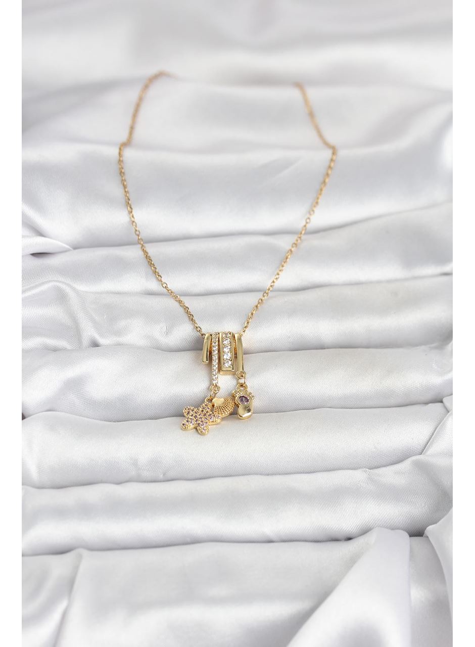 316L Çelik Gold Zirkon Taşlı Deniz Tema Charmlı Kadın Kolye