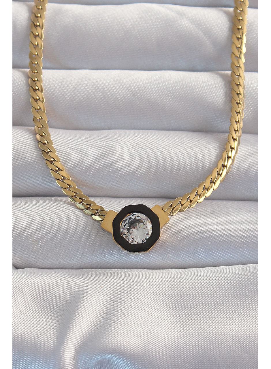 316L Çelik Gold Renk Ezme Zincir Zirkon Taşlı Mineli Serenay Kolyesi