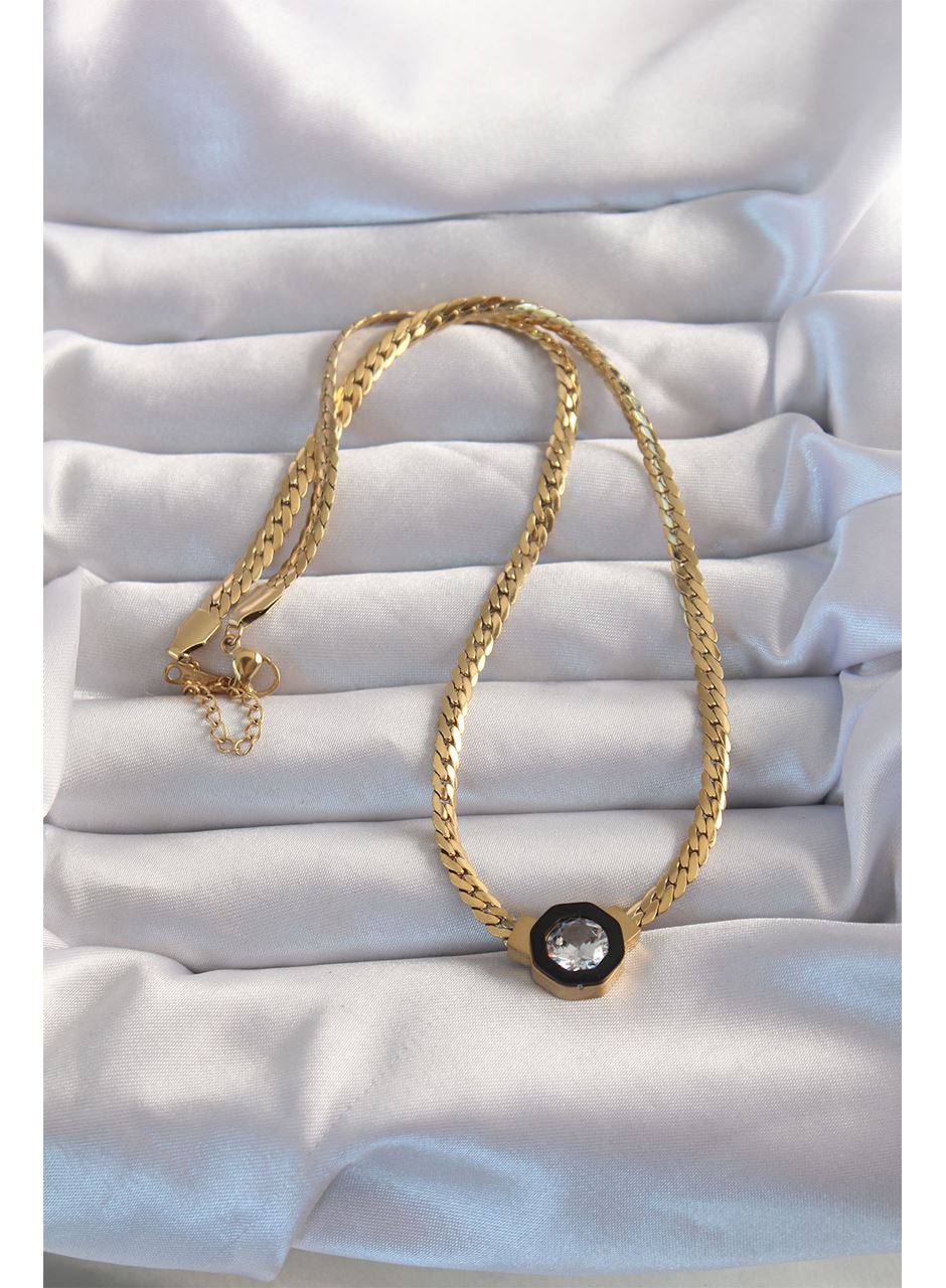 316L Çelik Gold Renk Ezme Zincir Zirkon Taşlı Mineli Serenay Kolyesi