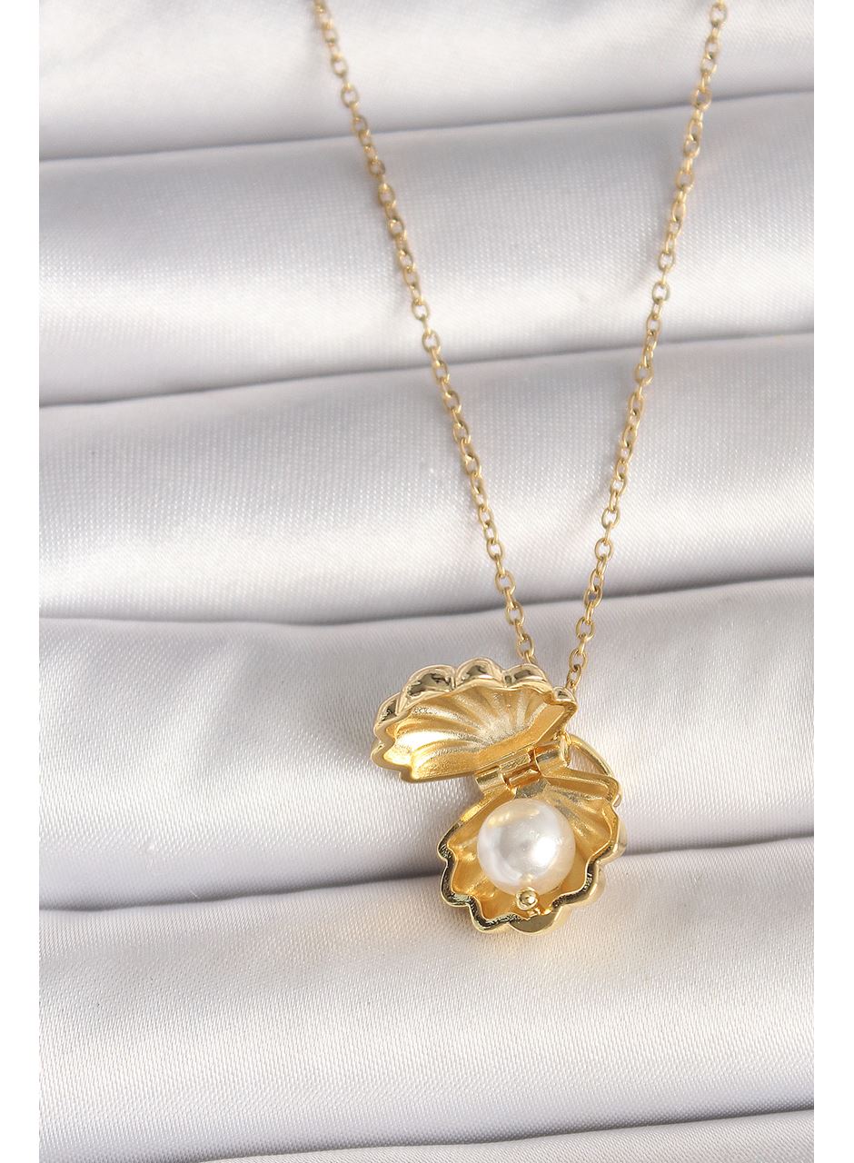 316L Çelik Gold Renk Zincir Açılır İncili Midye Model Kadın Kolye