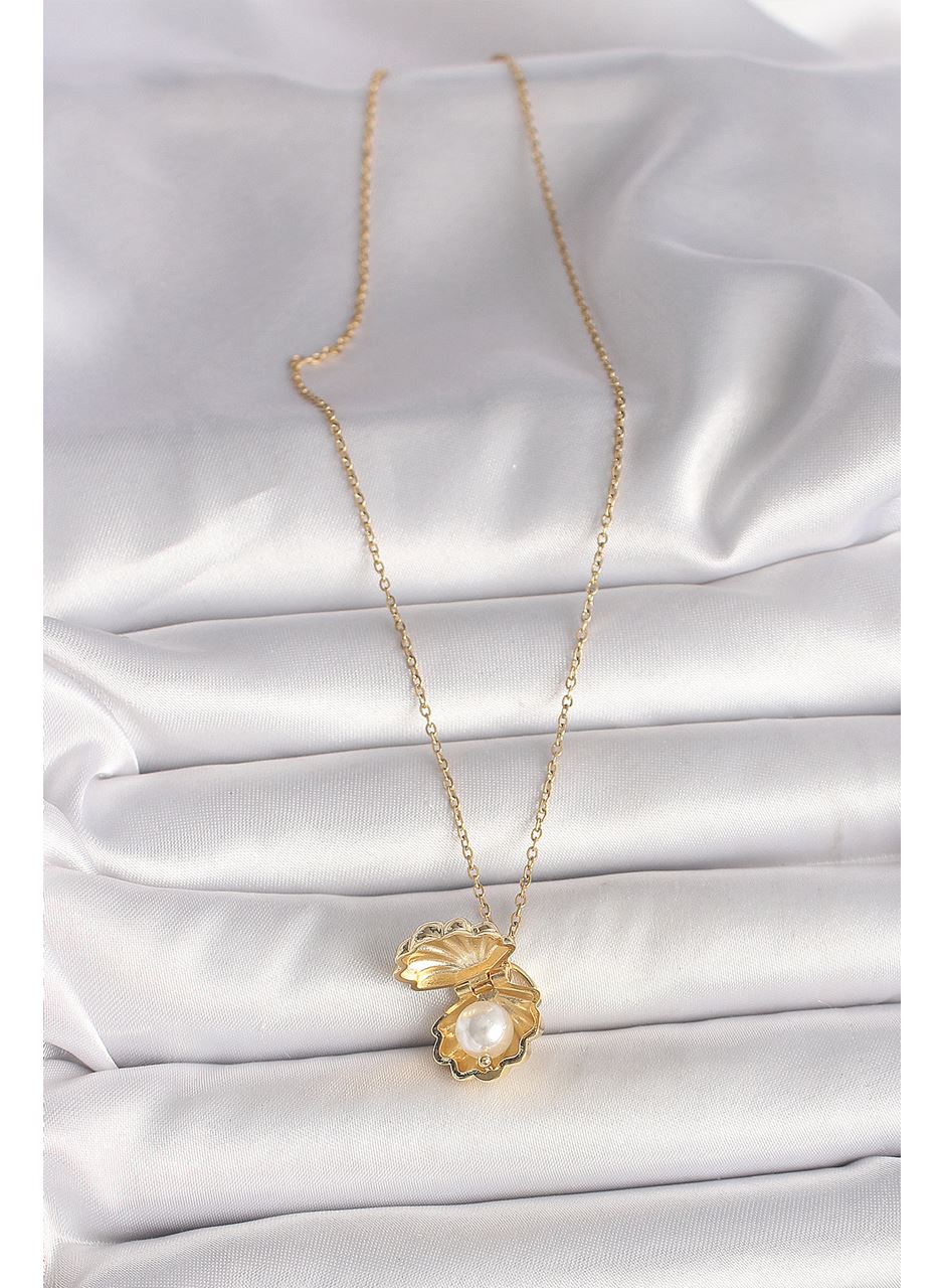 316L Çelik Gold Renk Zincir Açılır İncili Midye Model Kadın Kolye