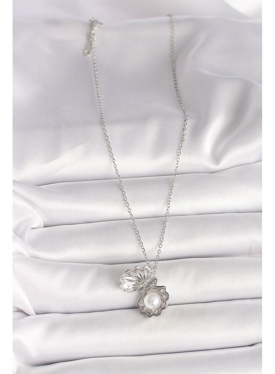 316L Çelik Gümüş Renk Zincir Açılır İncili Midye Model Kadın Kolye