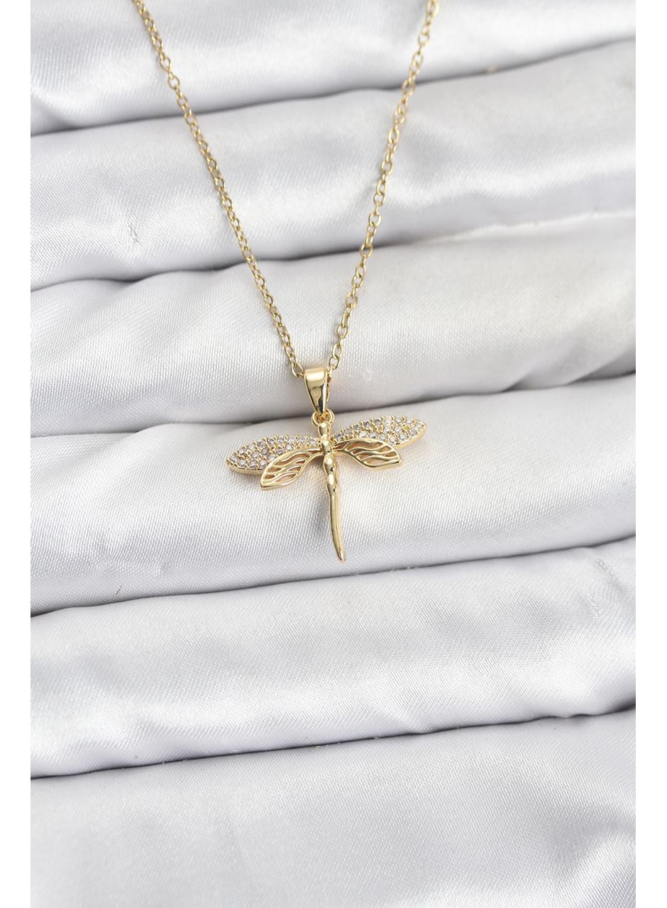 316L Çelik Zincir Gold Renk Yusufçuk Model Zirkon Taşlı Kadın Kolye