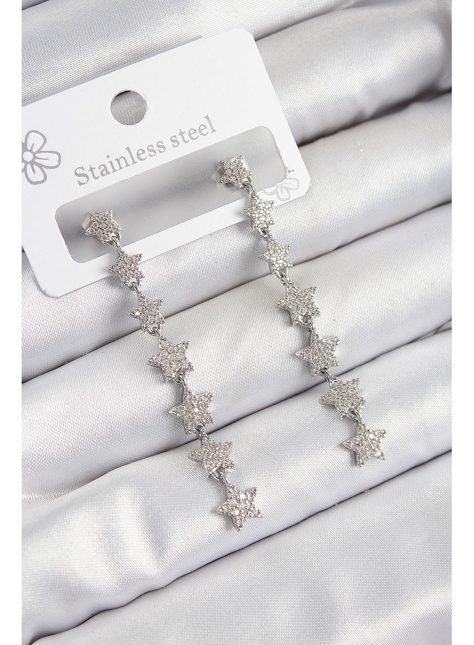 Pirinç Zirkon Taşlı Sallantılı Yıldız Model Gümüş Renk Kadın Küpe