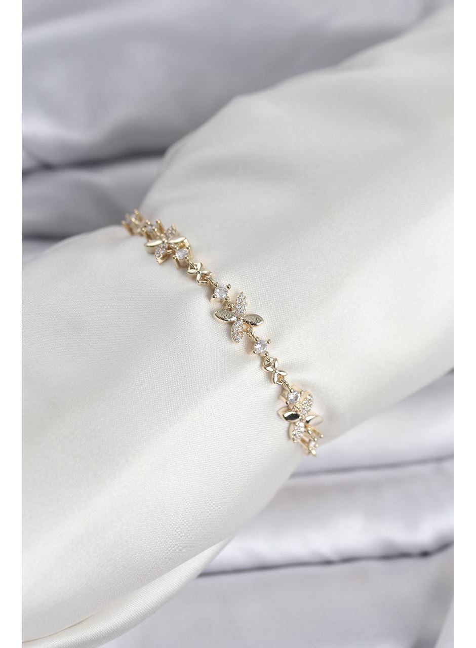 Gold Renk Yonca Model Zirkon Taşlı Asansörlü Kadın Bileklik