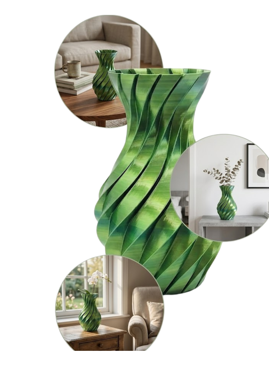 Yeşil Spiral 3D Baskı Vazo Estetik Modern Ev Ofis Dekoru
