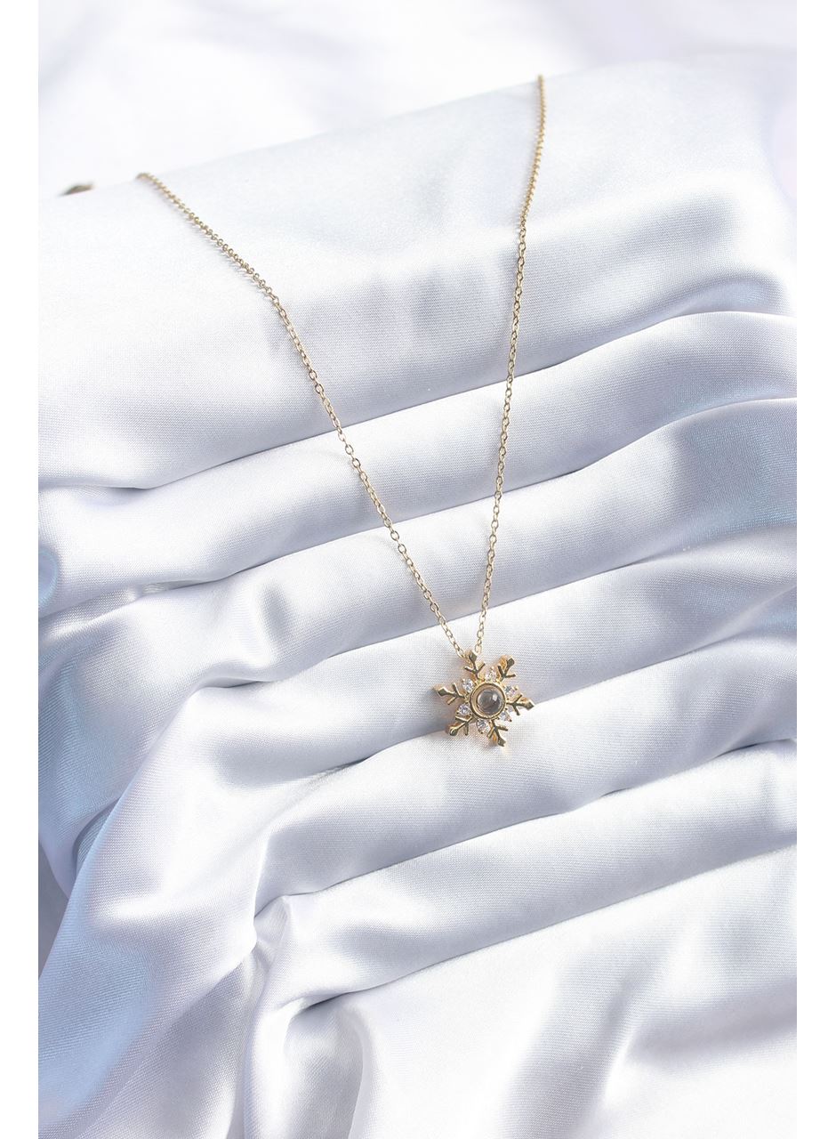 316L Çelik Gold Renk Zirkon Taşlı Kar Tanesi Projeksiyon Model Kadın Kolye