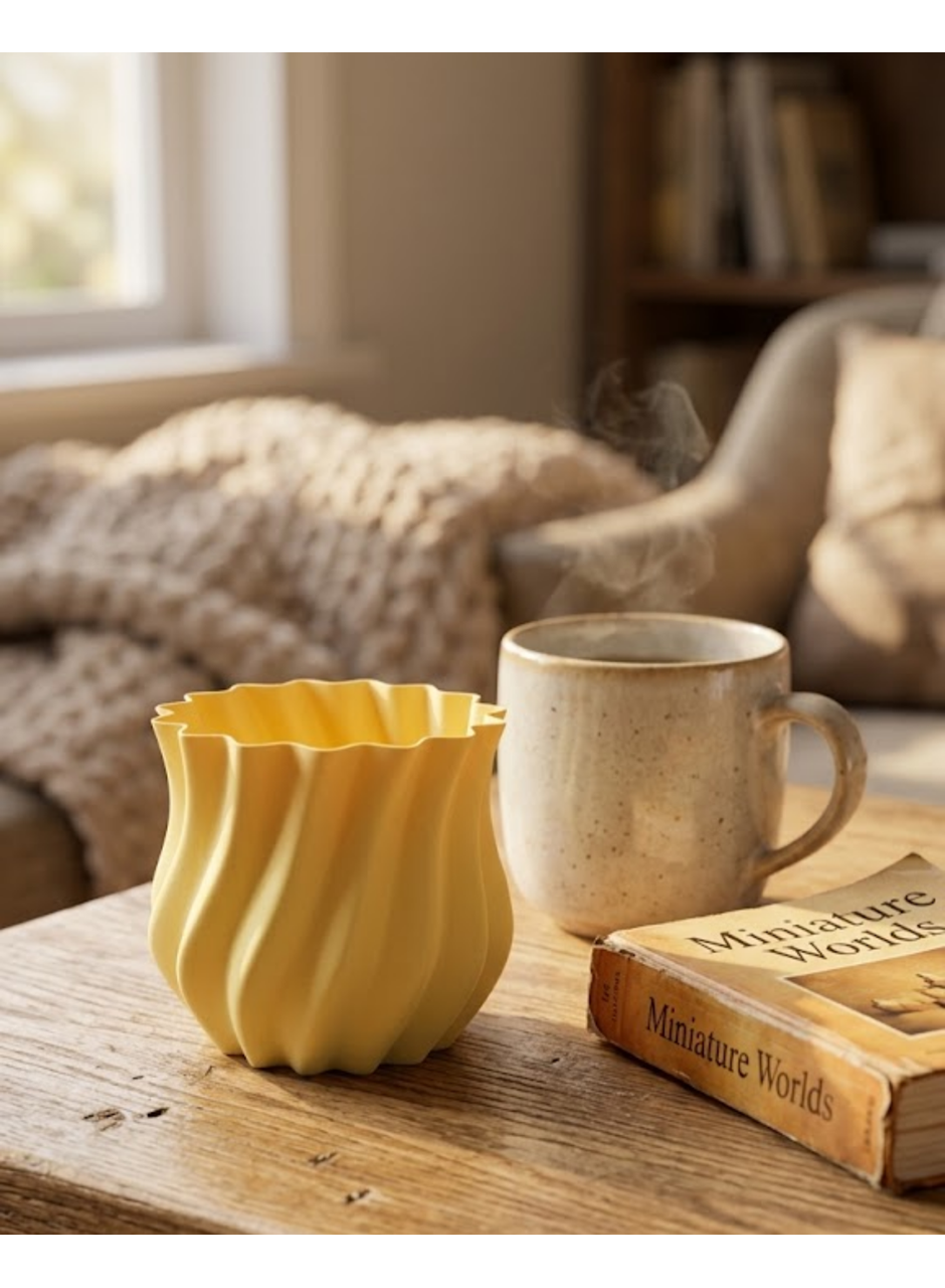 3D Kıvrımlı Sarı Vazo Modern Dekoratif Ev Aksesuarı Şık Tasarım