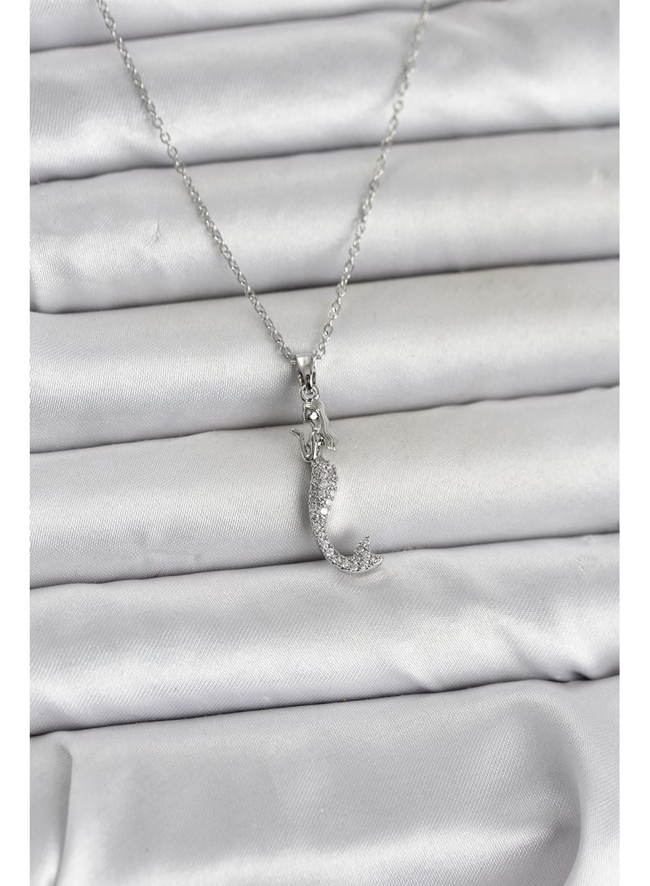 316L Çelik Zincir Gümüş Renk Zirkon Taşlı Deniz Kızı Model Kadın Kolye