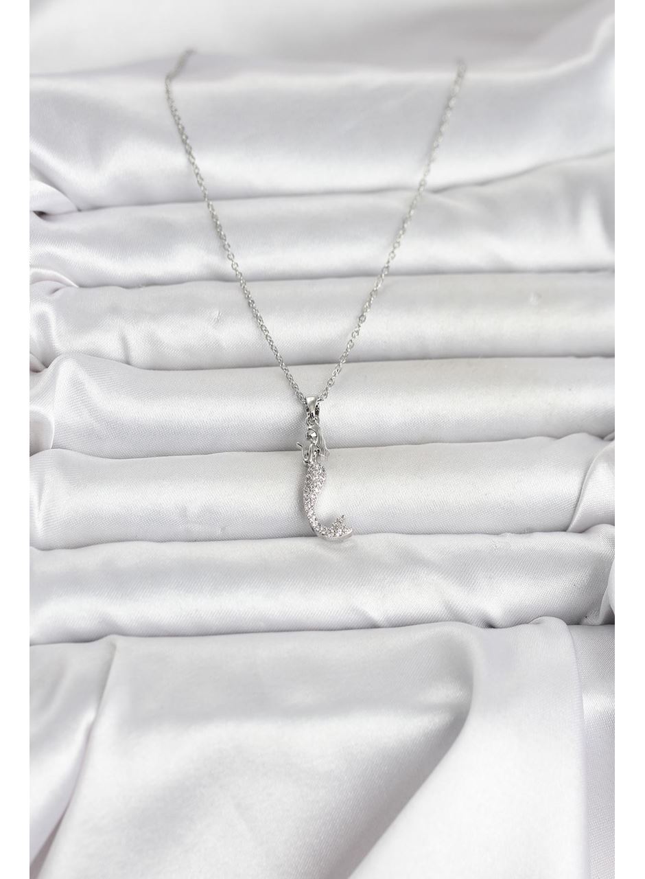 316L Çelik Zincir Gümüş Renk Zirkon Taşlı Deniz Kızı Model Kadın Kolye