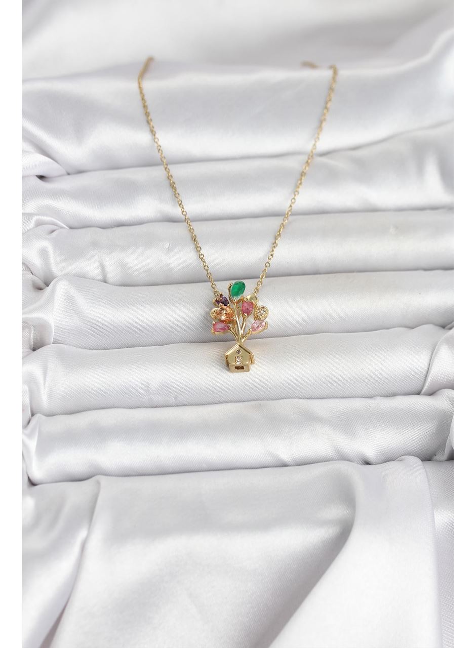 316L Çelik Zincir Gold Renk Uçan Balon Ev Figür Kadın Kolye