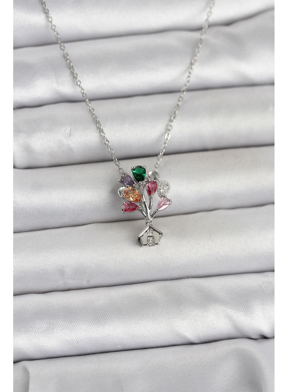 316L Çelik Zincir Gümüş Renk Uçan Balon Ev Figür Kadın Kolye