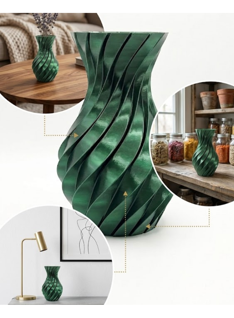 Parlak Yeşil Spiral 3D Baskı Vazo Şık Modern Dekoratif Obje