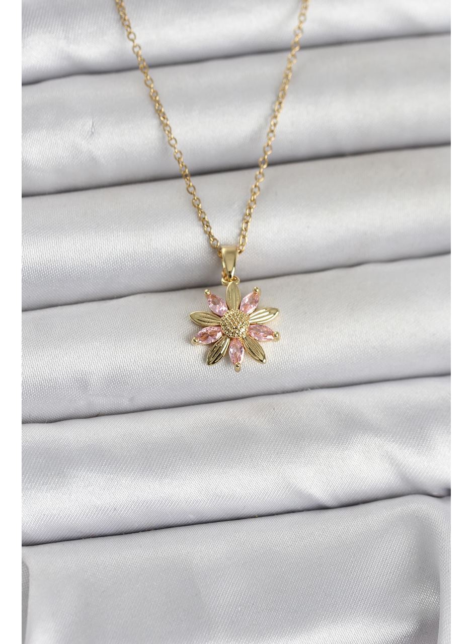 316L Çelik Zincir Gold Renk Pembe Papatya Model Kadın Kolye