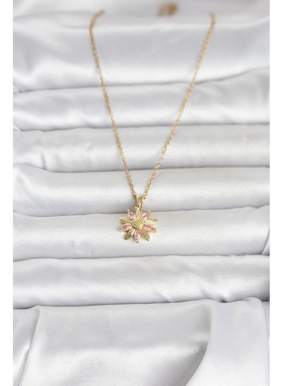 316L Çelik Zincir Gold Renk Pembe Papatya Model Kadın Kolye