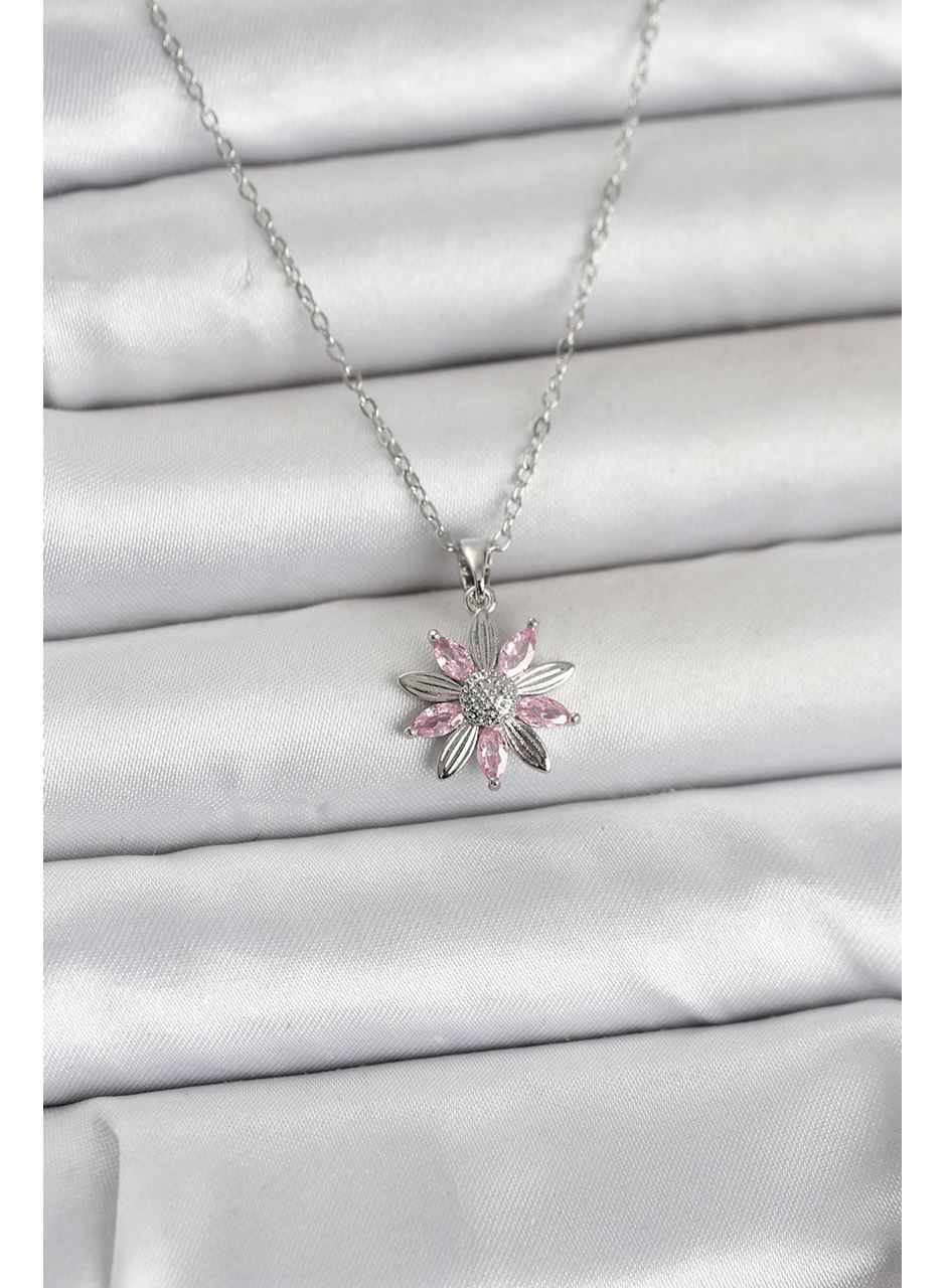316L Çelik Zincir Gümüş Renk Pembe Papatya Model Kadın Kolye