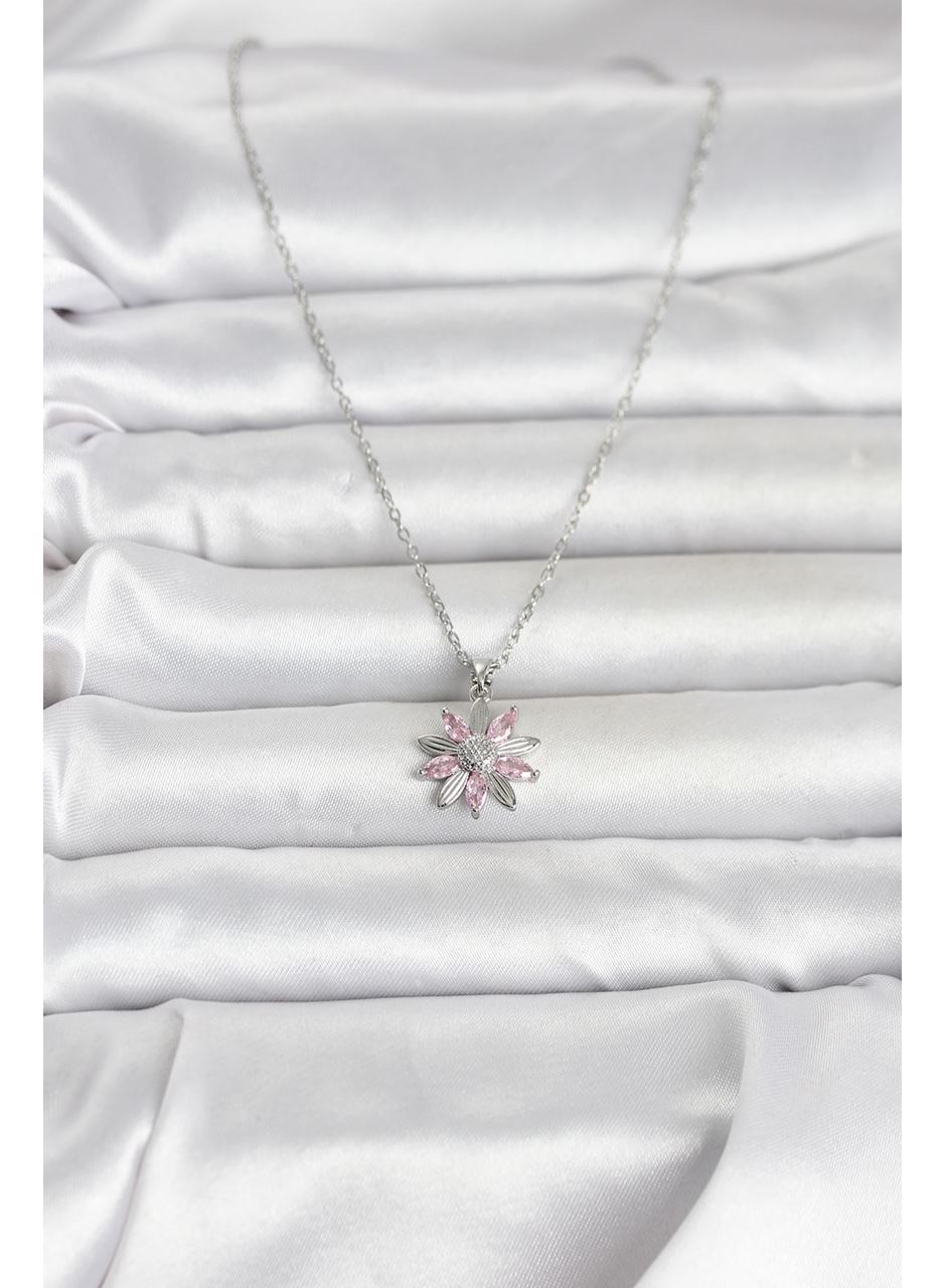 316L Çelik Zincir Gümüş Renk Pembe Papatya Model Kadın Kolye