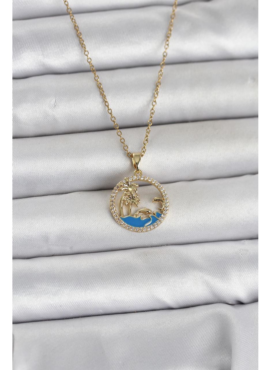 316L Çelik Zincir Gold Renk Zirkon Taşlı Deniz Temalı Kadın Kolye