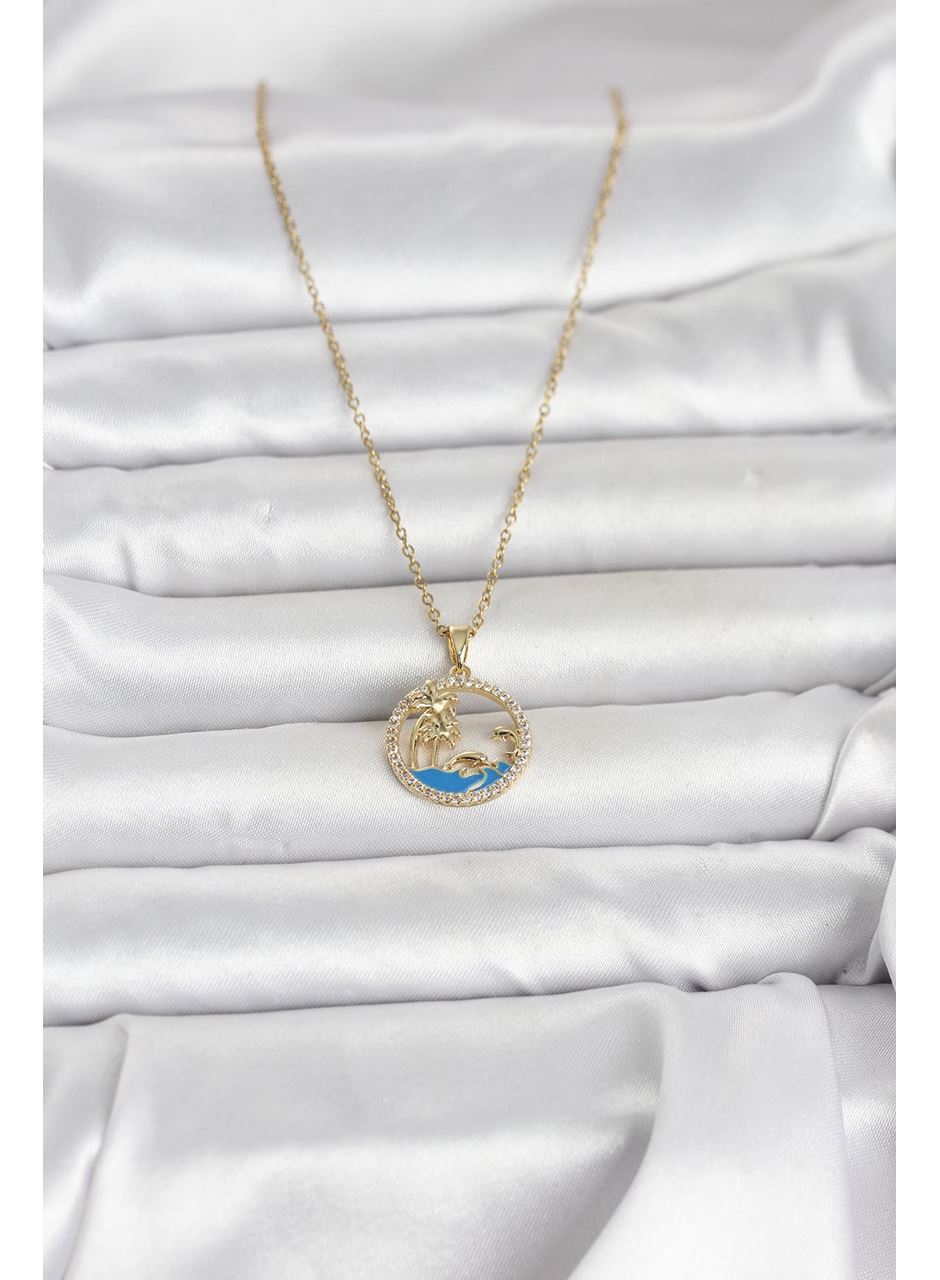 316L Çelik Zincir Gold Renk Zirkon Taşlı Deniz Temalı Kadın Kolye