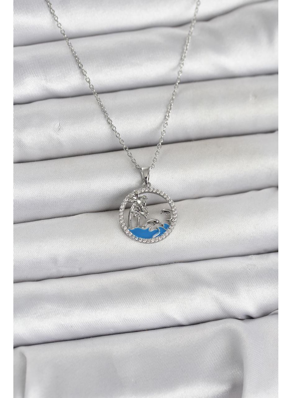 316L Çelik Zincir Gümüş Renk Zirkon Taşlı Deniz Temalı Kadın Kolye