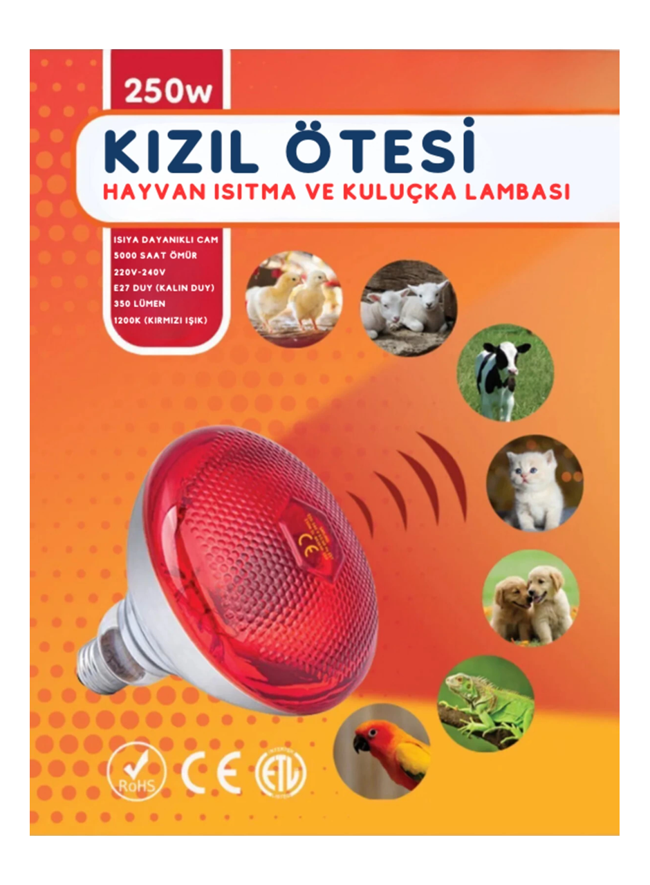 250W Kızılötesi (infrared) Isıtıcılı Hayvan Isıtma ve Kuluçka Lambası (Kırmızı Işık) E27 (Kalın Duy) (