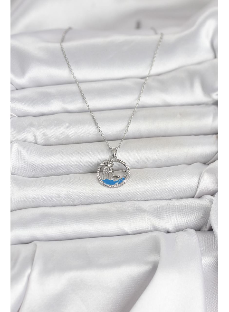 316L Çelik Zincir Gümüş Renk Zirkon Taşlı Deniz Temalı Kadın Kolye