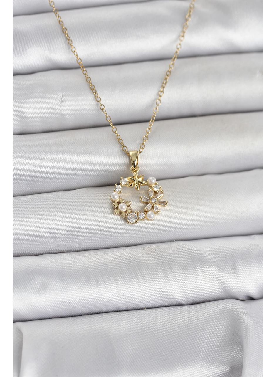 316L Çelik Zincir Gold Renk İncili Çiçek Model Kadın Koyle