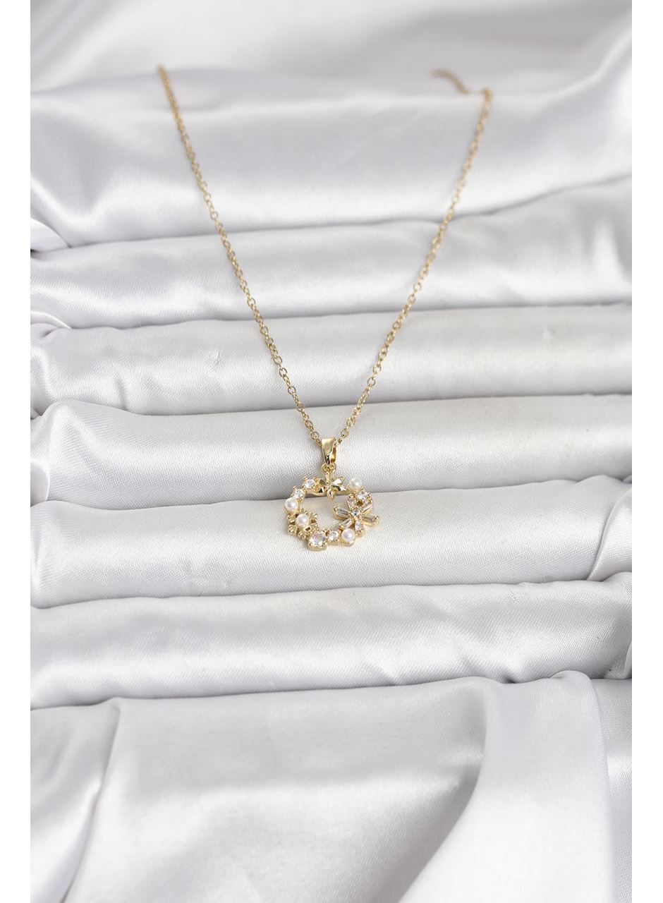 316L Çelik Zincir Gold Renk İncili Çiçek Model Kadın Koyle