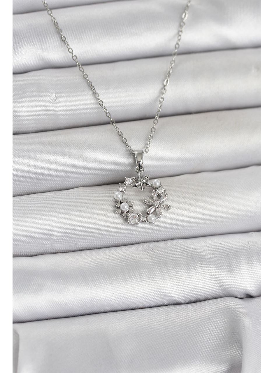 316L Çelik Zincir Gümüş Renk İncili Çiçek Model Kadın Koyle