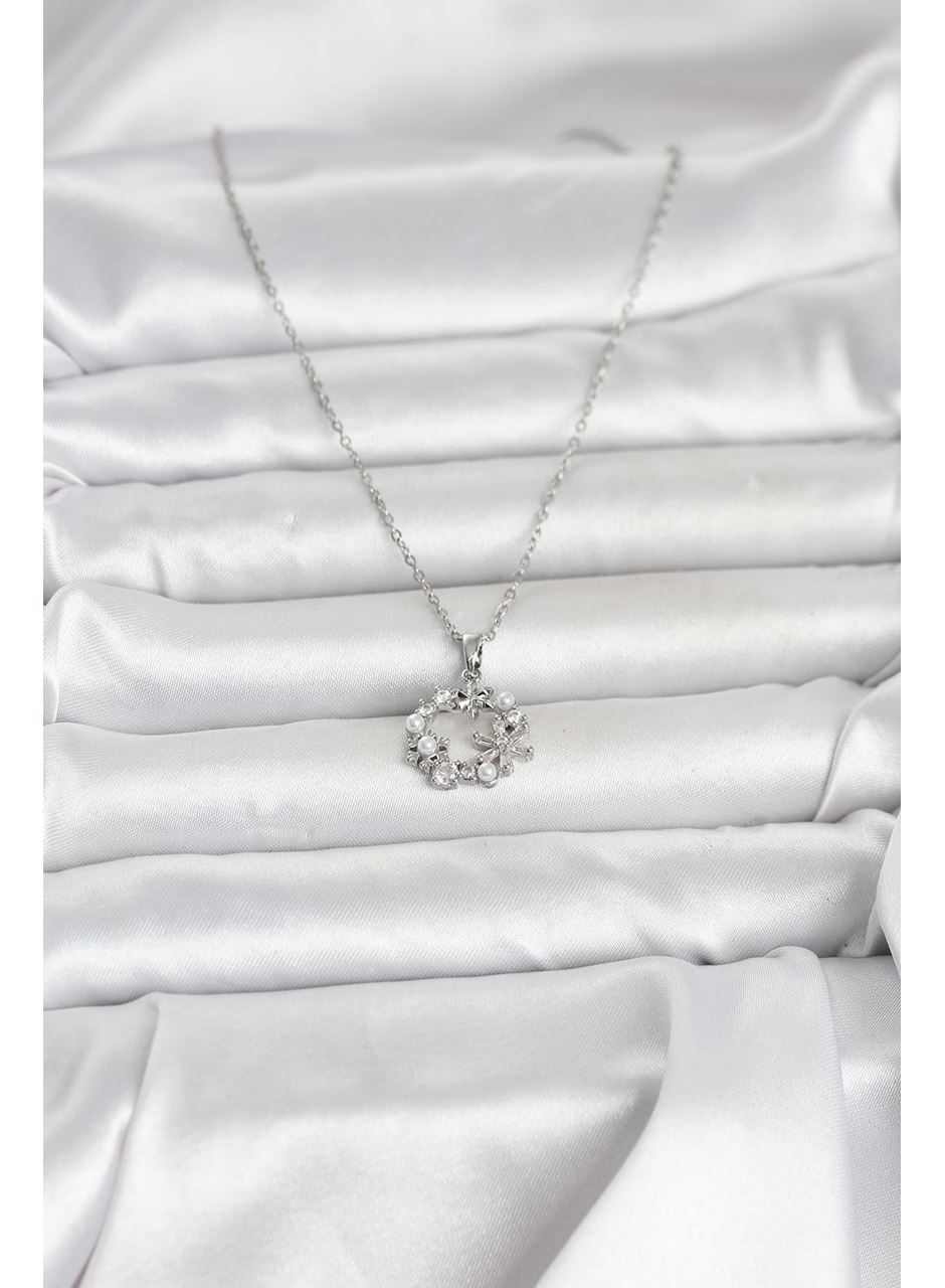 316L Çelik Zincir Gümüş Renk İncili Çiçek Model Kadın Koyle