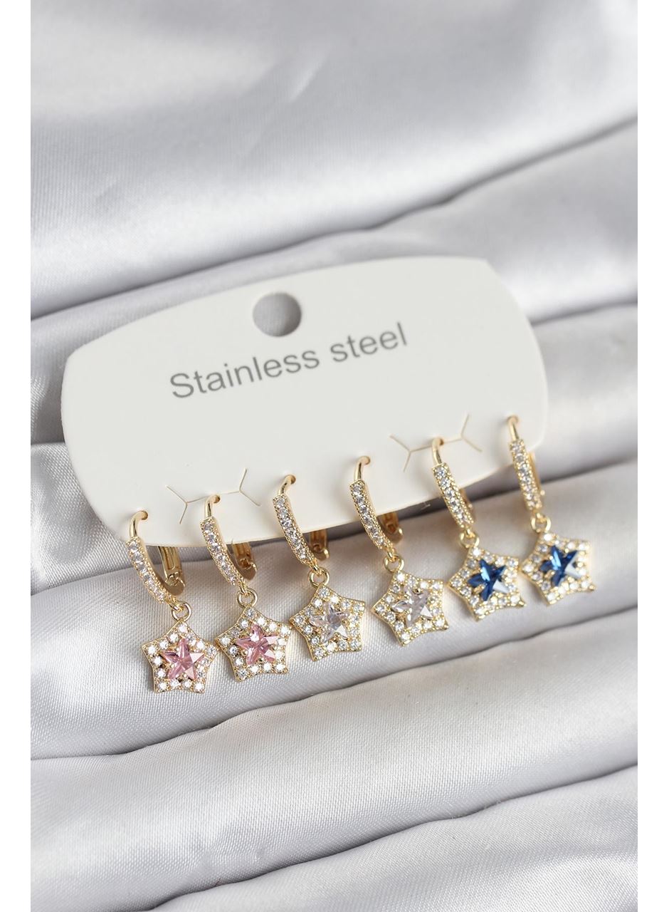 316L Çelik Zirkon Taşlı Yıldız Form 6'lı Set Kadın Küpe