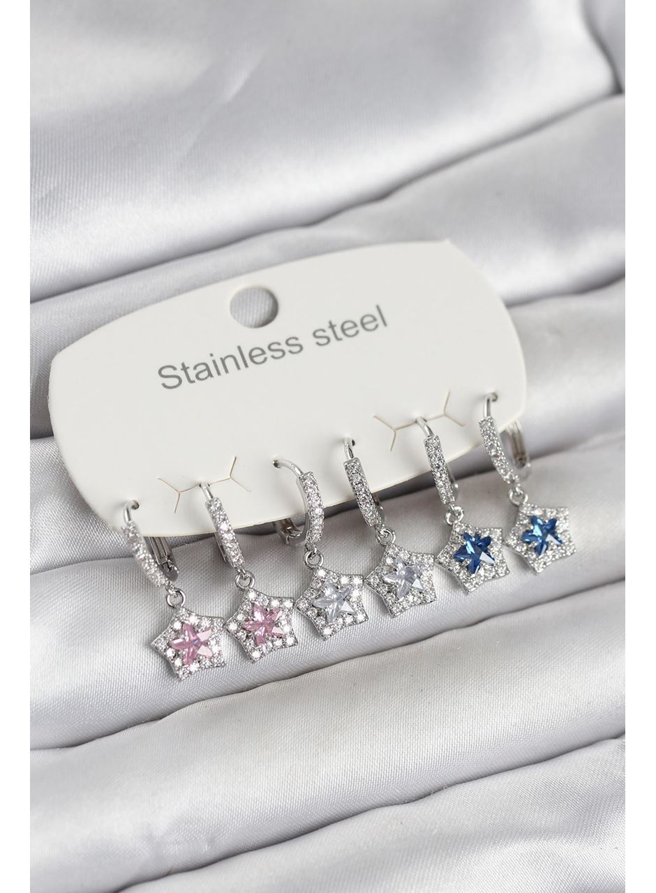 316L Çelik Gümüş Renk Zirkon Taşlı Yıldız Form 6'lı Set Kadın Küpe