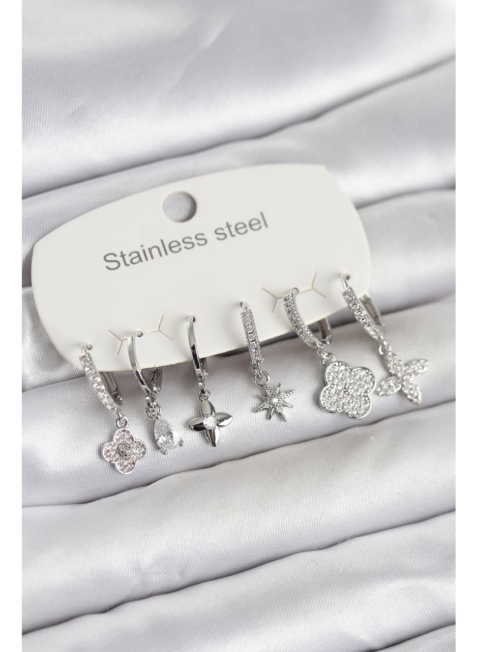 316L Çelik Gümüş Renk 6'lı Set Yonca Model Kadın Küpe