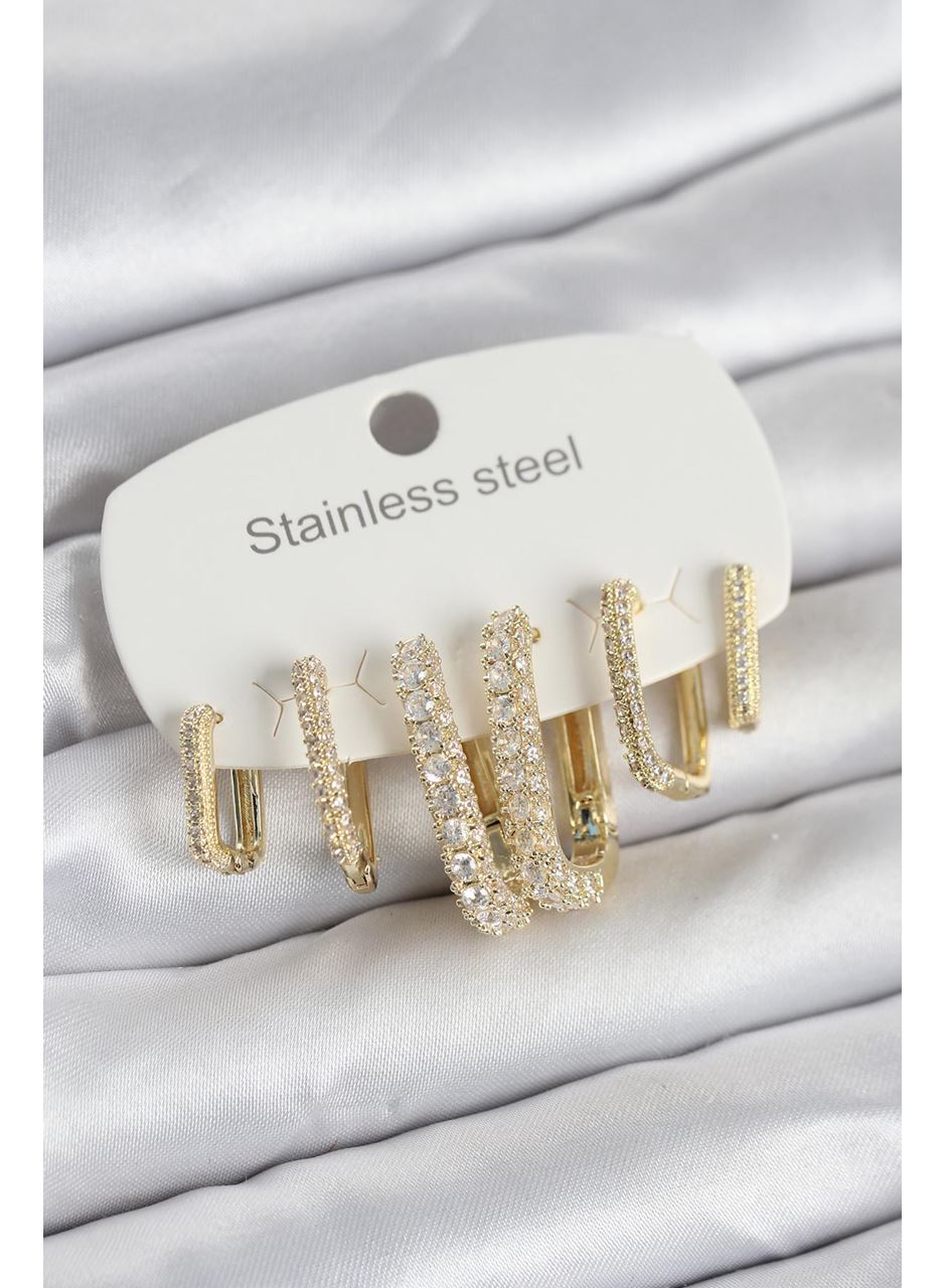 316L Çelik Gold Renk 6'lı Set Zirkon Taşlı Kadın Küpe