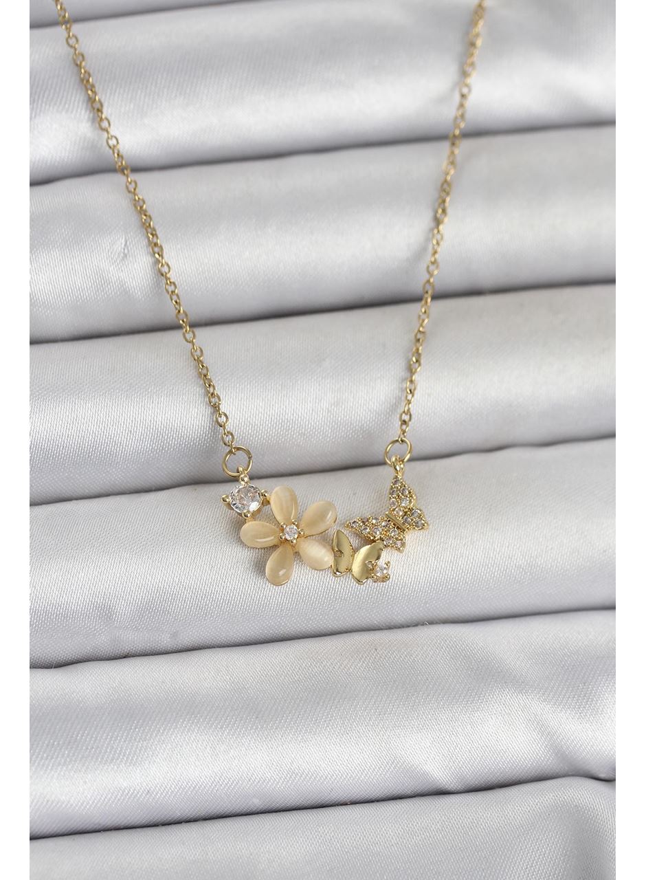 316L Çelik Zincir Gold Renk Çiçek ve Kelebek Model Kadın Kolye