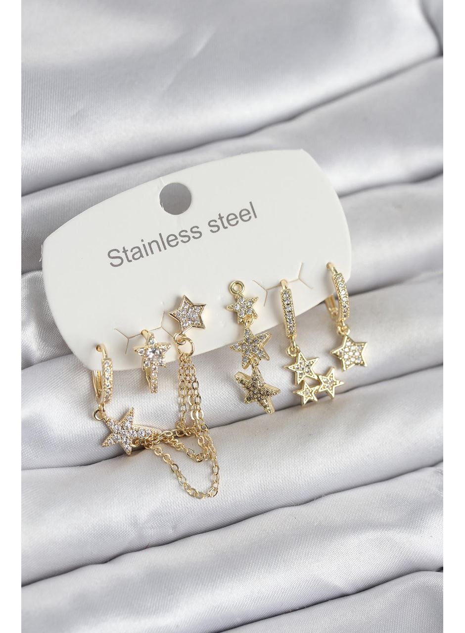 316L Çelik Gold Renk 6'lı Set Zincirli Yıldız Modelli Kadın Küpe