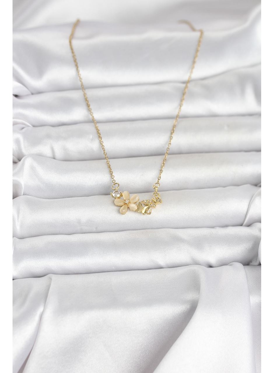316L Çelik Zincir Gold Renk Çiçek ve Kelebek Model Kadın Kolye