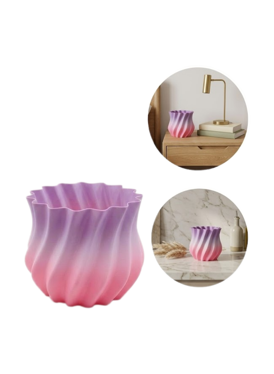 Pembe Lila Degrade Kıvrımlı 3D Vazo Estetik Ev Ofis Dekoru