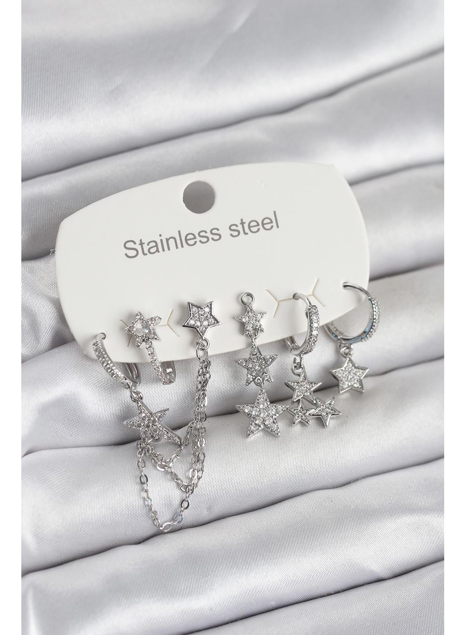 316L Çelik Gold Renk 6'lı Set Zincirli Yıldız Modelli Kadın Küpe