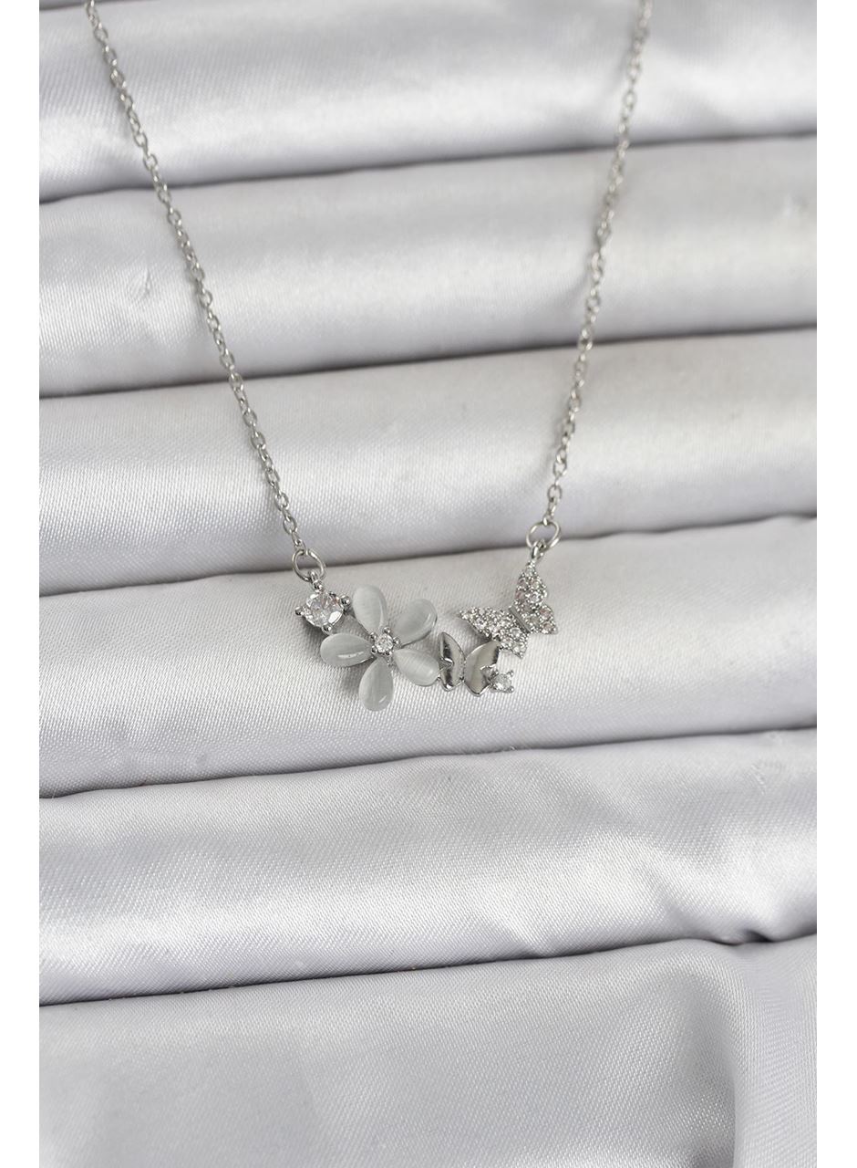 316L Çelik Zincir Gümüş Renk Çiçek ve Kelebek Model Kadın Kolye